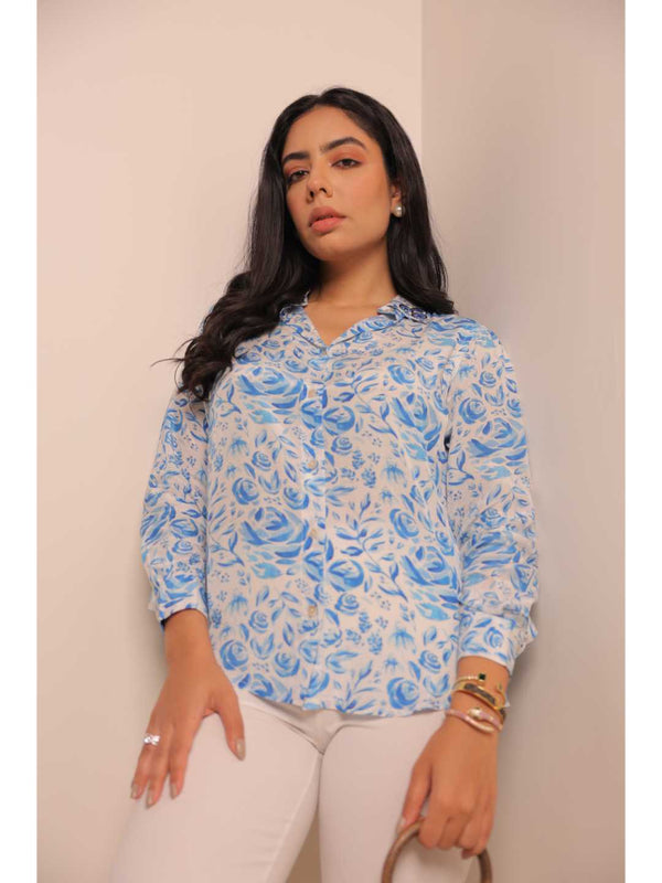 elegant natural crepe abstract floral printed hand embellished shirt collar, convertible roll-up sleeve top -Blue