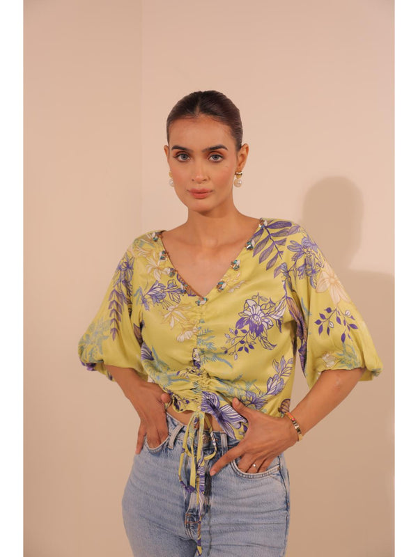 modish viscose royal satin floral printed V-Neck centre front draw string tie-up top with bishop sleeve . - Yellow