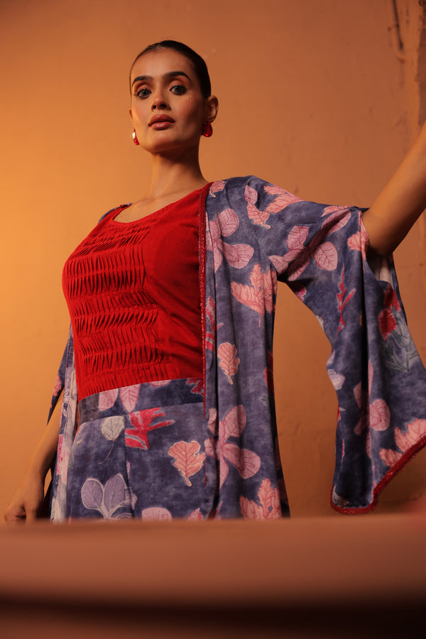 elegant asymmetric button down shirt with a flared pants set in Cotton Flex - Blue