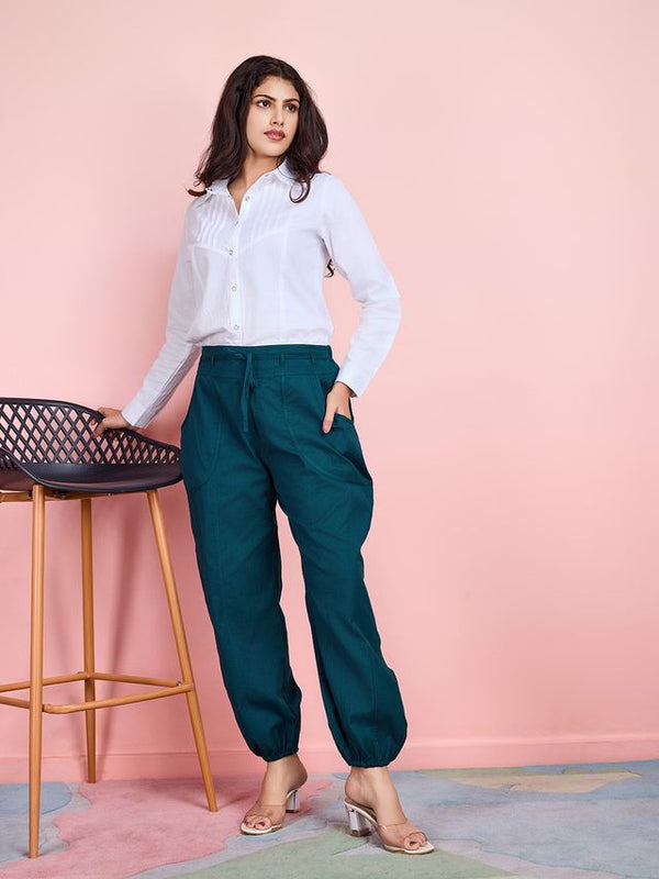 cotton flex panelled baggy pants with elasticated hem and waistband - Teal Blue