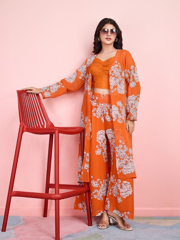 elegant embroidered pure viscose georgette long sleeves shrug and comfortable srtaight pants with smocking at the waist and gathering detailed bustier - Orange