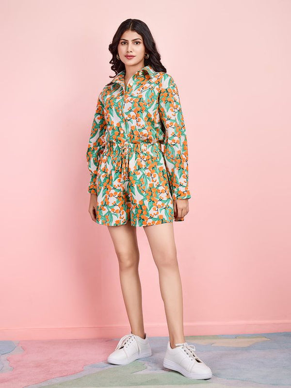 stylish floral printed cotton flex full cuff sleeves shirt with comfortable fully elasticated flare shorts set - Multi