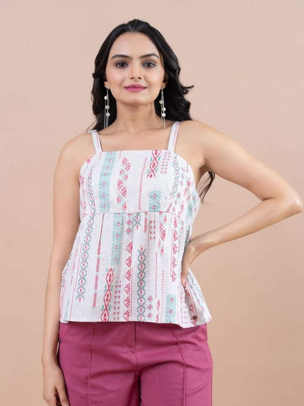 stylish cotton flex printed fit & flare strappy top - Beige