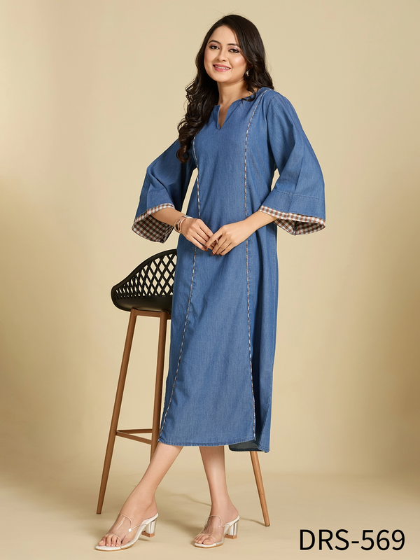 Komarri U Women Utility Pocket Mandarin Collar Cotton Denim DRS