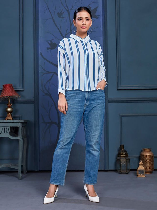 stylish blue and white striped pure viscose moss crepe shirt  with two way shirt collar and cuff sleeves -White