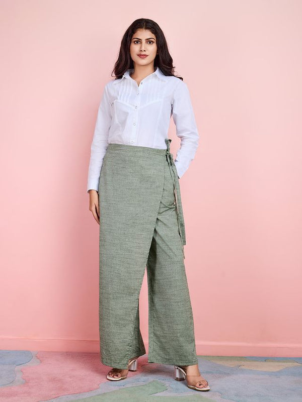 elegant pure cotton front flap and side waist tie-up wide leg pants - Green