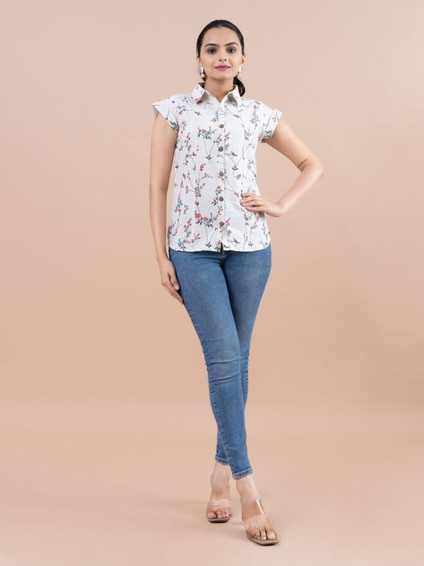 classic floral printed cotton flex top stitch panelled shirt with short rolled sleeves -Pink