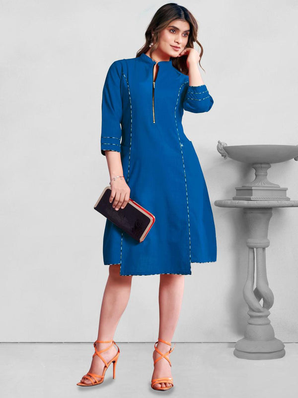 Casual Cotton Slub A-Line 3/4Th Sleeve Front Zipper Opening Cord Piping Stylized Dress - Sea Green