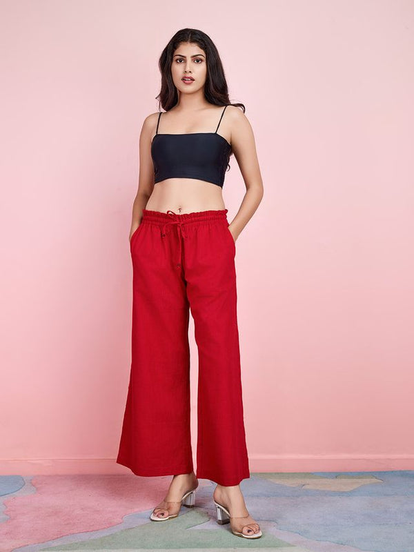 cotton flex elasticated lounge pants with front drawstrings - Red