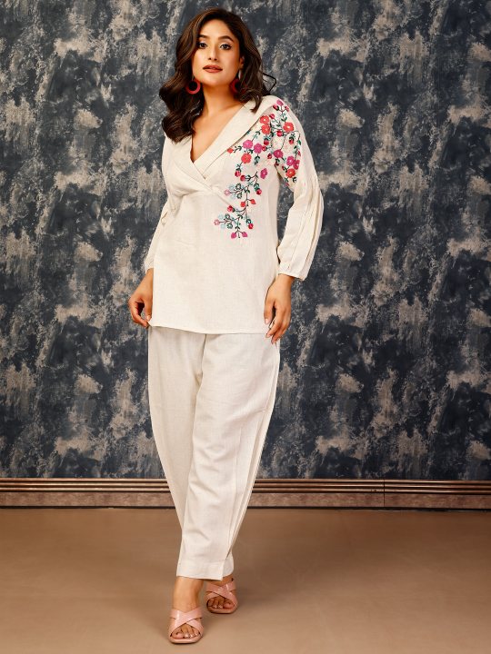 elegant overlapped V neck lapel collared, kimono styled puff sleeve top with comfortable inverted box pleated pants set in Cotton Flex - Beige