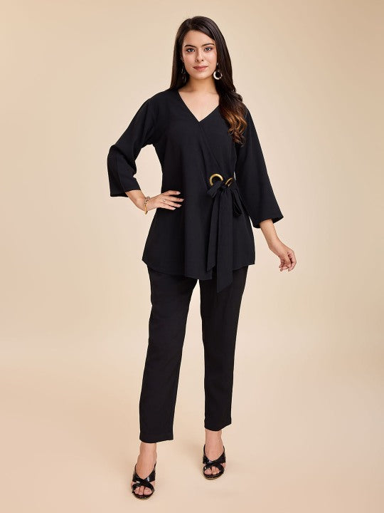 elegant wrap top with three fourth sleeves & Straight pants set in Moroccan Crepe - Black