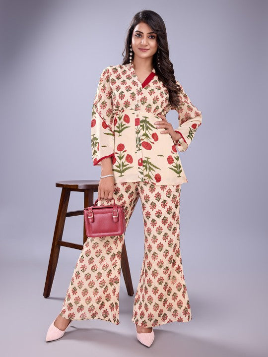 floral printed mandarin collar shirt with three fourth sleeves & flared pants  georgette set - Multi