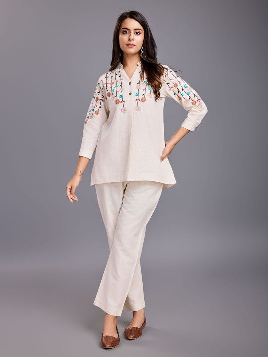 elegant floral front embroidered half placket shirt with three forth cuff sleeves & a comfortable straight pants Cotton Flex set - Beige