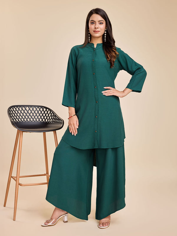 elegant front button mandarin collar long top with cuff sleeves & a comfortable flared pants set in Moroccan Crepe - Sea Green