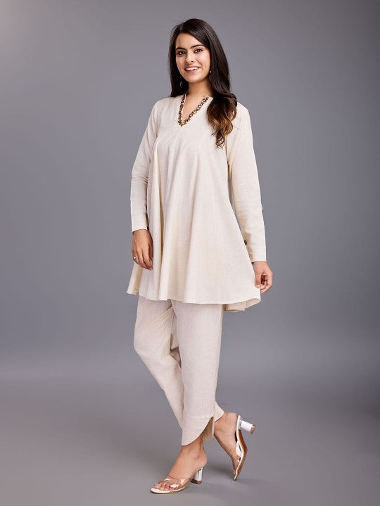 elegant full sleeves v neck flared top with embellished neckline & straight pants with curvy hem set In cotton flex - Beige