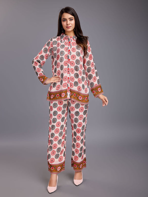 stylish embellished floral printed shirt with long sleeves & a printed pants Georgette set - Multi