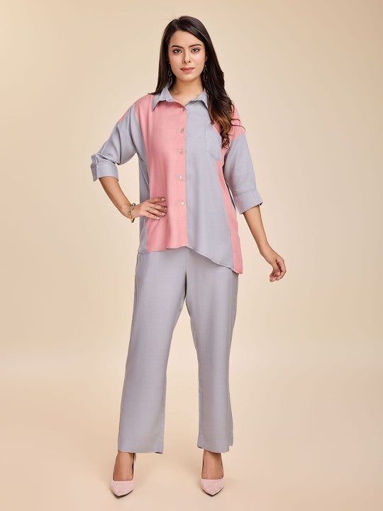 elegant colour-blocked shirt & straight pants moss crepe set - Pink and Gray