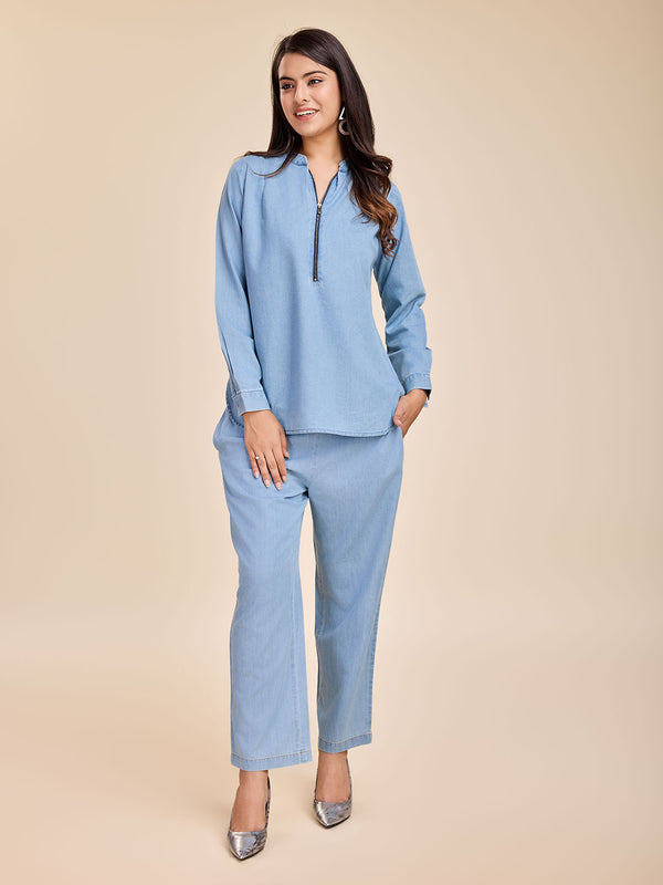 elegant denim top with long cuff sleeves , half zip mandarin collar neck & straight pants Tencele denim set - Blue