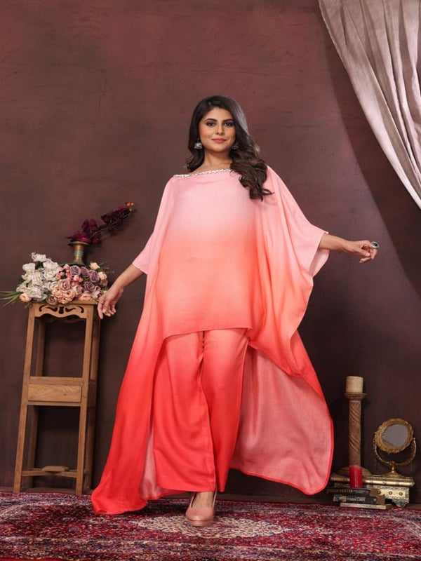 elegant ombré pure viscose asymmetric neck embellished kaftan top with comfortable straight pants set - Multi - Pink