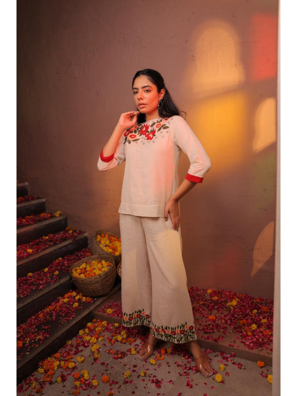 elegant anchor flora embroiderd cotton flex three forth roll up sleeve top along with elasticated bottom embroiderd comfortable pant - Beige