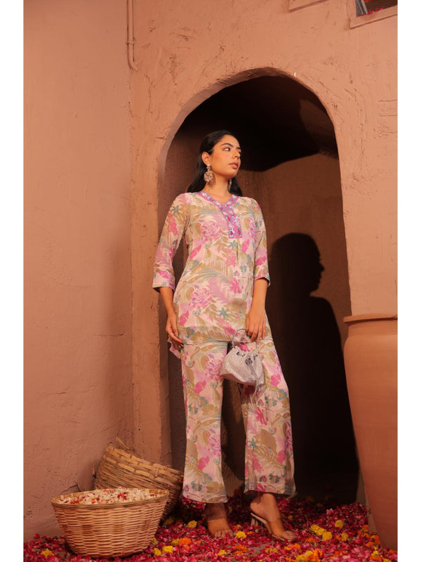 elegant pure printed georgette hand embellished  V-Neck three forth roll up sleeve top along with elasticated comfy pant - pink