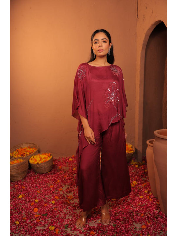 stylish viscose pure crepe hand embroidered asymmetric cape along with front cross flared  smocking pant - pink