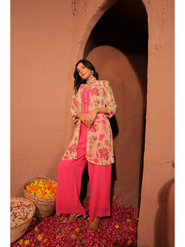 graceful viscose georgette, long hand embroidered shrug with contrast piping strips inner,  with front cross flared  smocking pant - pink