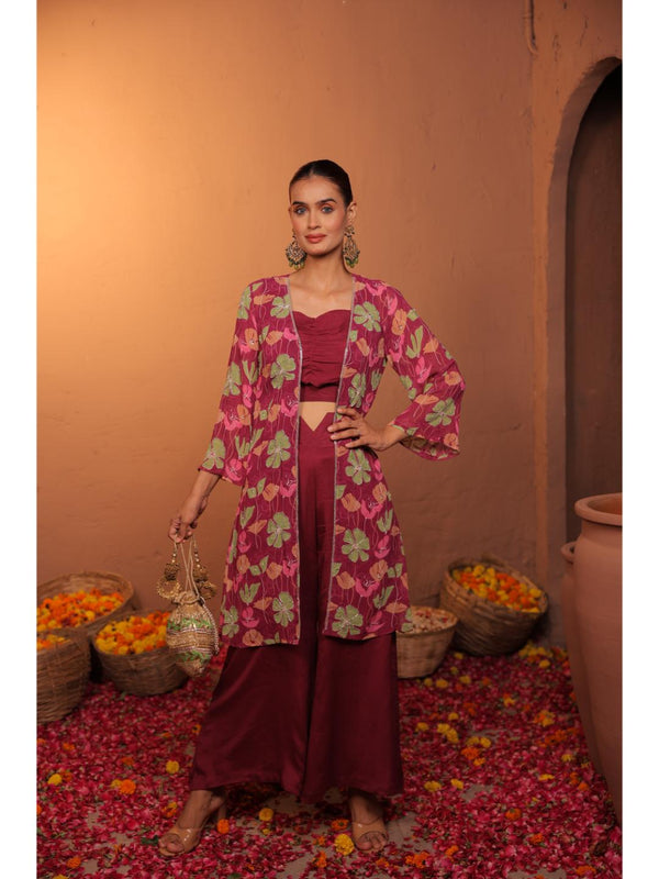 graceful viscose georgette, long hand embroidered shrug with front gathered bustier with front cross flared  smocking pant - pink