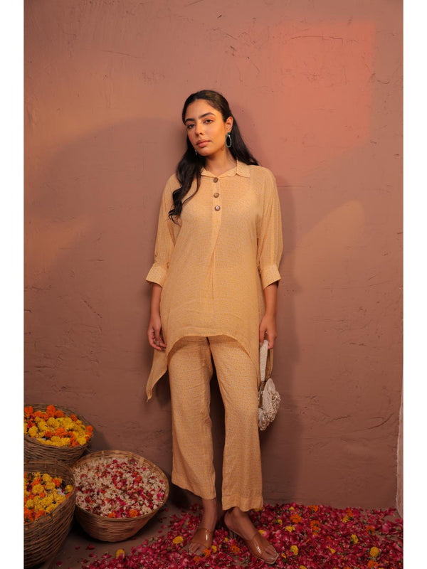 graceful viscose georgette collared neck, oversized asymmetric top with kimono cuff sleeve paired with comfy slip-on pant - Yellow