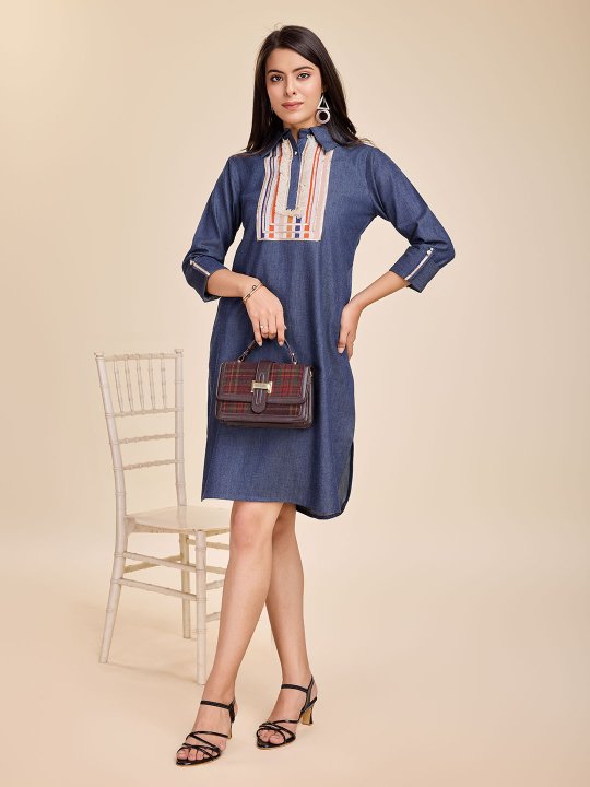 elegant tencel denim dress with half placket shirt collar, roll-up sleeves and front lace inserted yoke - Blue