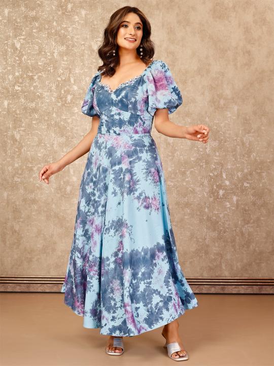 elegant tie n dye corset dress in modal twill with sweetheart neckline & raglan  sleeves - Blue