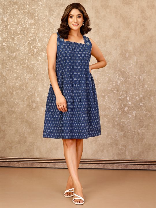 elegant indigo printed pin tuks cotton dress - Navy Blue