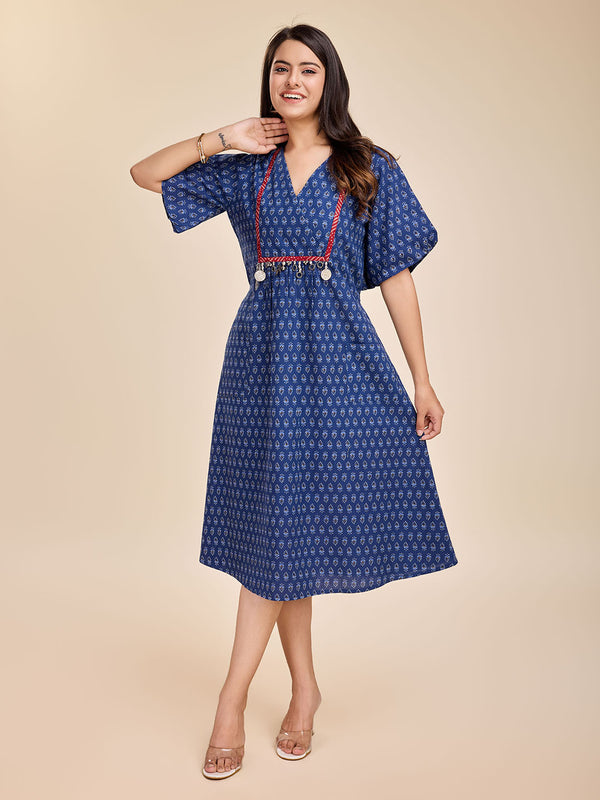 elegant indigo block print cotton dress with oxidised hand embelishments with bishop sleeves - Blue