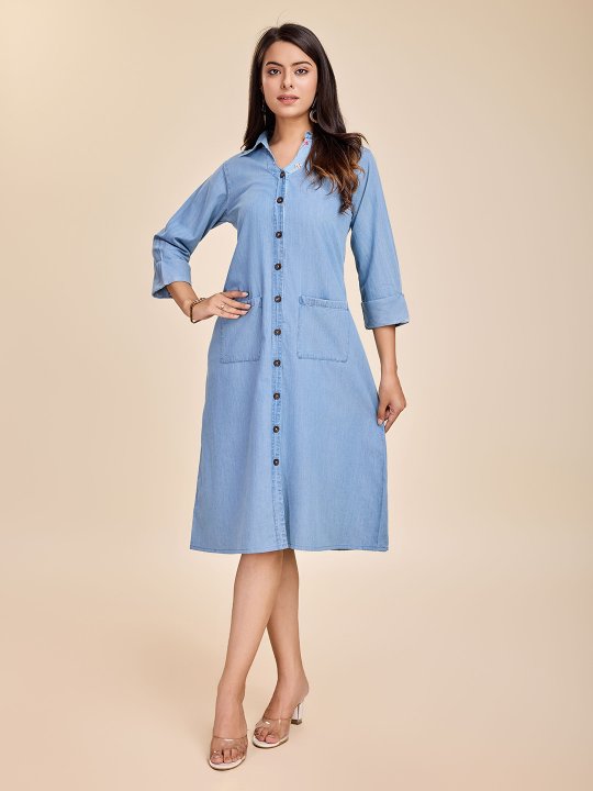 elegant tencele denim button down shirt dress with roll up sleeves - Blue