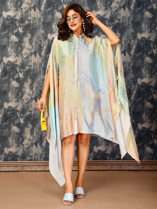 elegant kaftan styled pure viscose jacquard fabric shirt dress - Multi