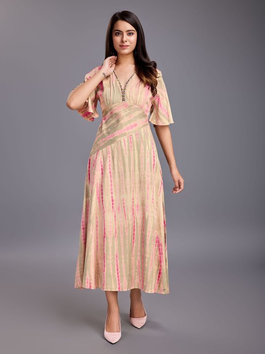 elegant shibori printed styline modal twill dress with hand embroidery on neck line - Multi