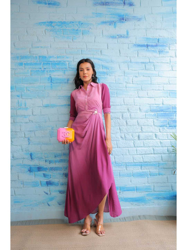 viscose royal crepe ombre drapped A- line three forth sleeve collared dress with hand embellished broach -  Pink