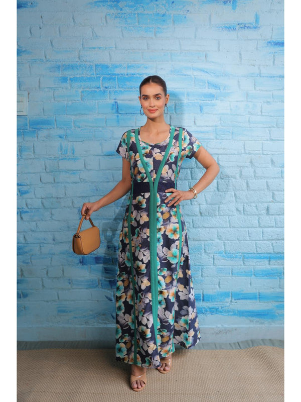 viscose floral print stylised contrast pipped long dress with see-through waist - Blue