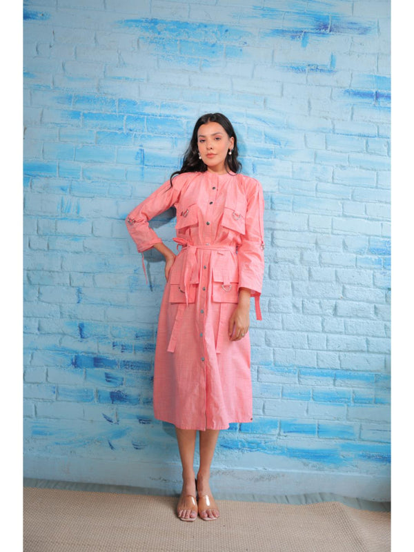 stylish cotton mandarin collar, roll up sleeve, shirt dress with snap button opning and cargo pocket  -  Pink