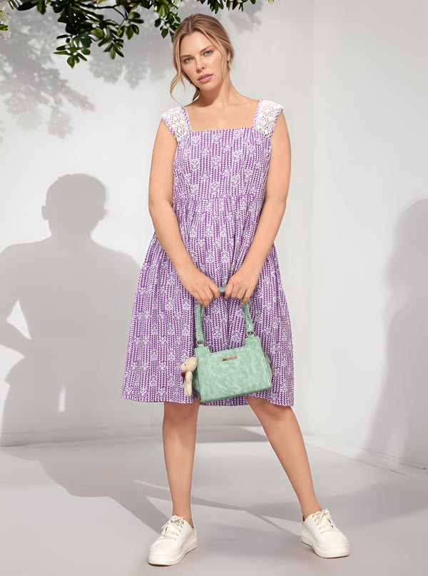 Stylish  V-Neck , Half Sleeve With Statement Shell Embroidered Colour Blocking A-Line Dress - Purple