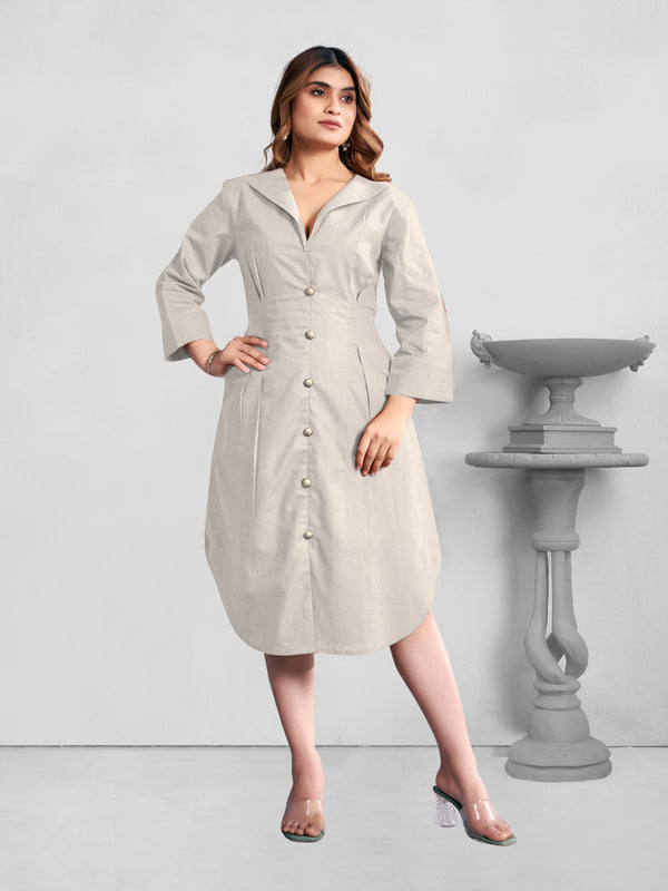 Komarri U cotton linen Button down inverted box pleat shawl collar V-neck apple cut hem with embossed oxidised metal buttons statement dress.-Cream