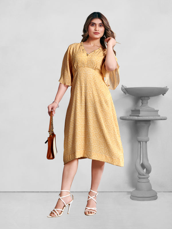 Elegant Pure Viscose Royal Crepe Gathered Yoke Gem Stone Hand Embroidered  V-Neck Circular Sleeve A-Line Dress - Yellow