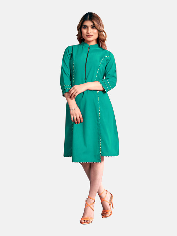 Casual Cotton Slub A-Line 3/4Th Sleeve Front Zipper Opening Cord Piping Stylized Dress - Sea Green