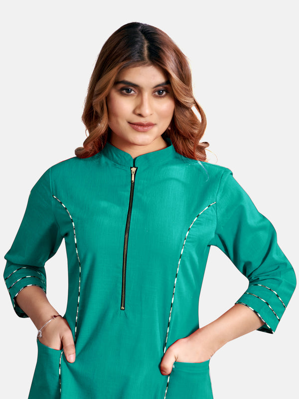 Casual Cotton Slub A-Line 3/4Th Sleeve Front Zipper Opening Cord Piping Stylized Dress - Sea Green