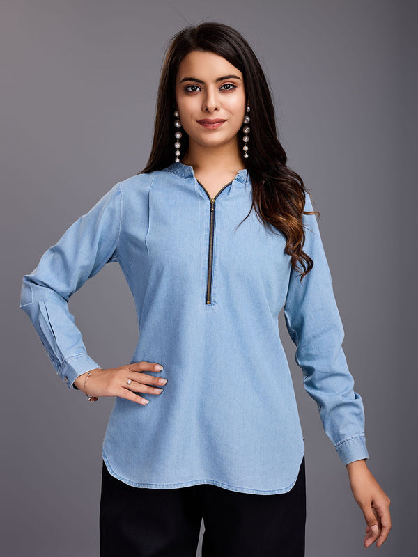 casual Tencele denim top with half zipper mandarin collar & roll-up sleeves - Blue