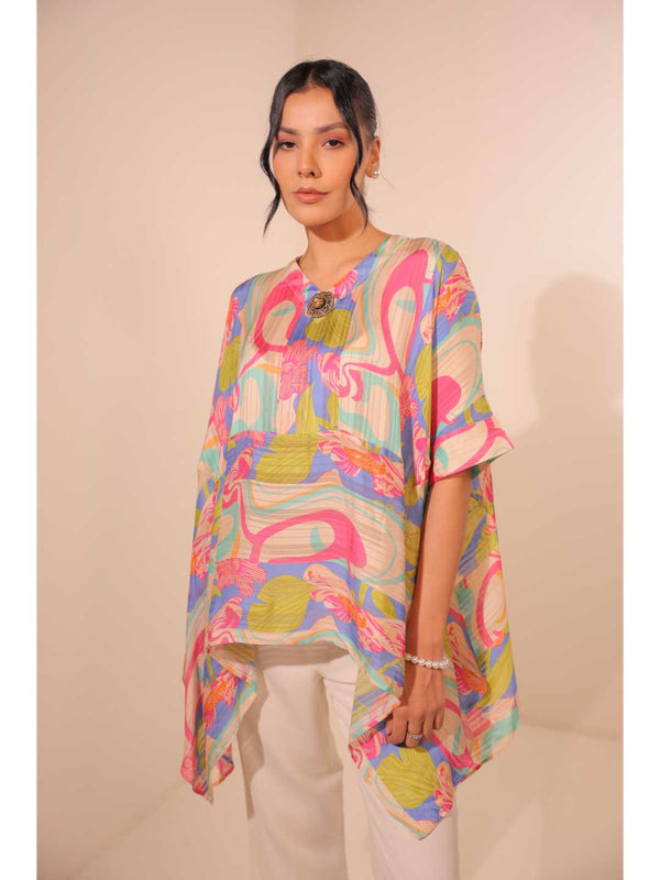 stylish viscose dobby stripped printed stylised asymmetric kaftan cuff sleeved top with value added broach - Multi