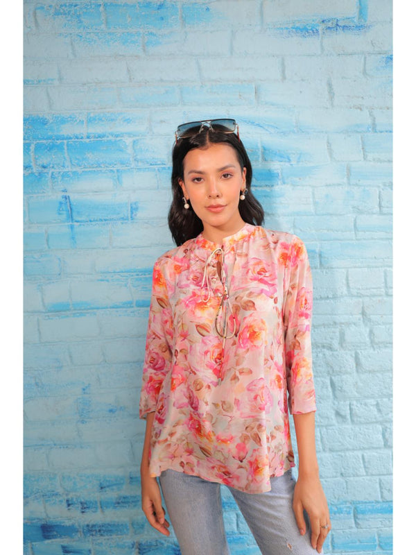 cheerful  natural crepe floral printed mandarin collar string, A-Line  hand embellished top with three-forth sleeve - Pink