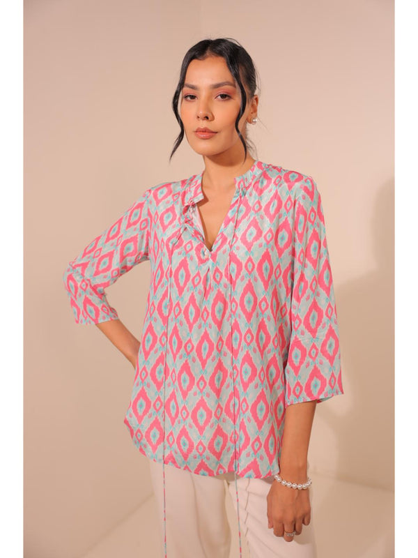 cheerful  natural crepe geometric printed mandarin collar string, A-Line  hand embellished top with three-forth sleeve  - Blue