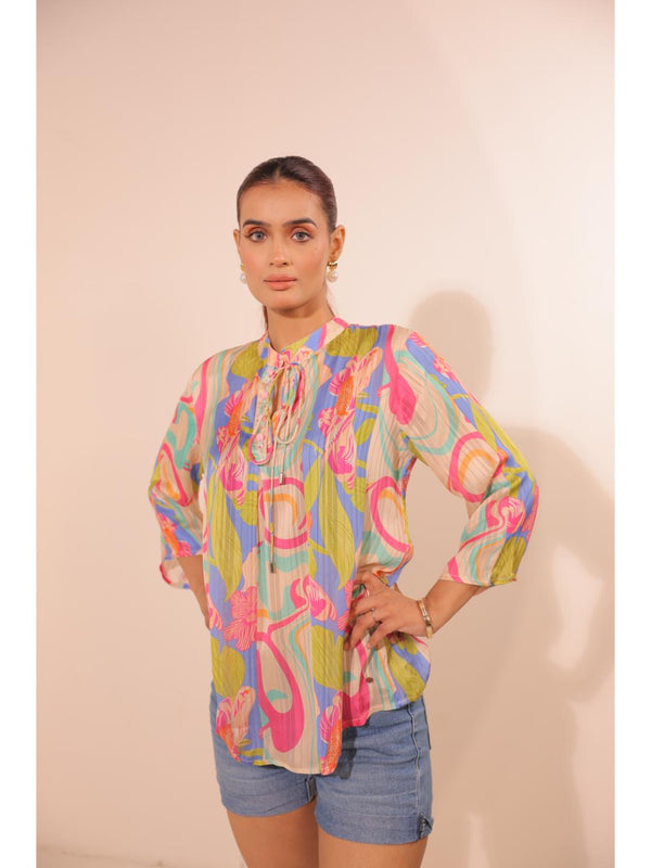 cheerful  viscose dobby stripped abstact printed mandarin collar string, A-Line hand embellished top with three-forth sleeve. - Multi