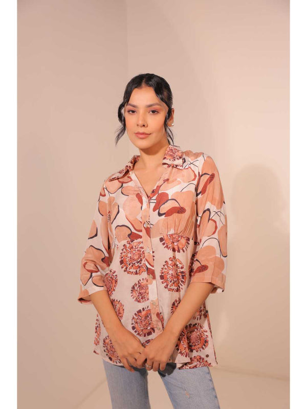 natural crepe abstract printed,  mandarin collar stylised gathered busted top with three fourth sleeve. - White